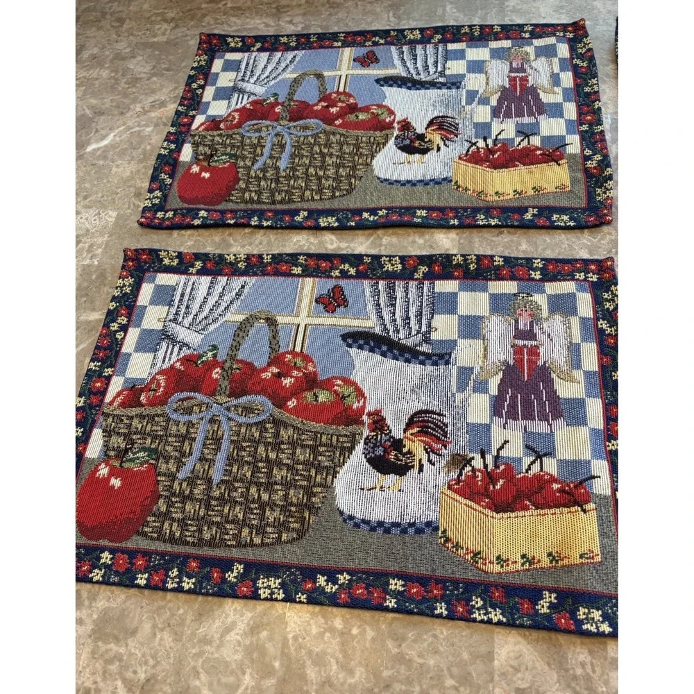 Vintage Country Farmhouse Woven Tapestry Placemats Set of 4 Rooster Apple Angel